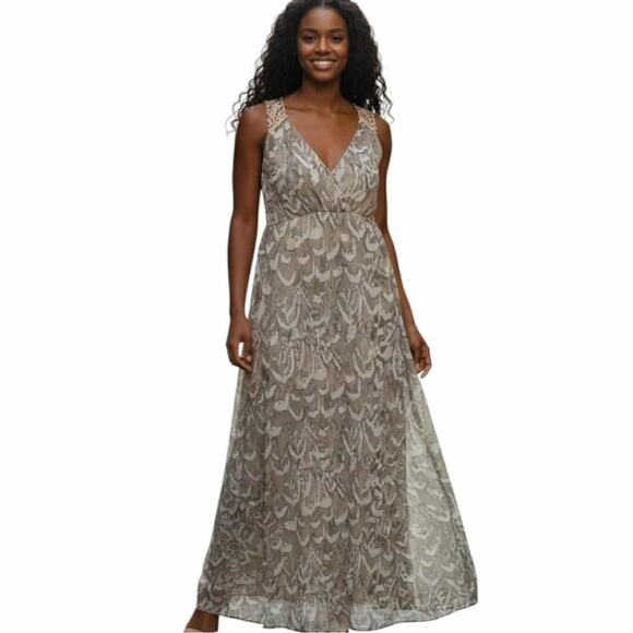 CATO Women's Maxi Dress Large Beige Lace Crocheted Lightweight Formal Abstract - Picture 1 of 3